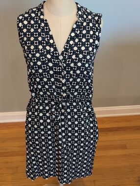 Ann Taylor Loft Sleeveless Black & White Geometric Tie-Waist Dress Medium